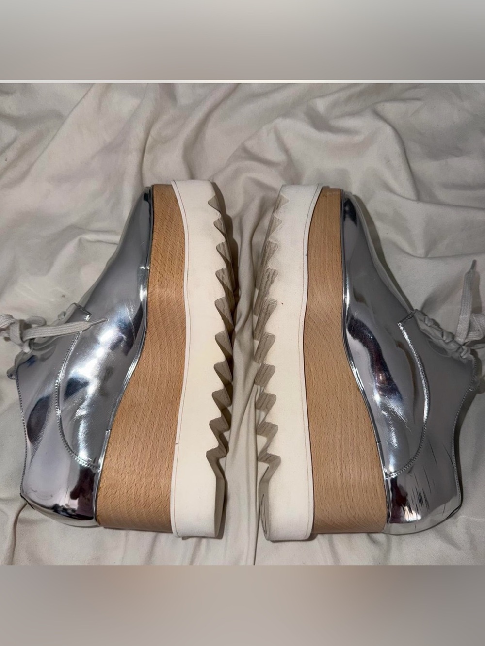 Stella McCartney Silver Mirror Platform Lace-Ups with Wood-Effect Wedge